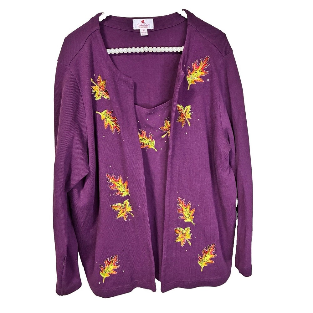 Quacker Factory M Green Knit Harvest Fall Leaves Attached Tank Cardigan Sweater